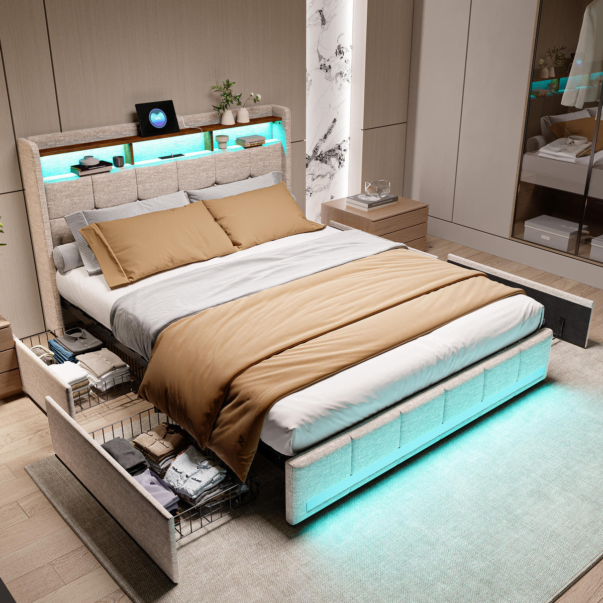 POLSTERBETT 180x200 cm mit Stauraumkopf und 4 Schubladen, LED-Leisten, USB-/Typ-C, Leinenstoff, Beige - Beige, Holz (180/200cm) - BRILVERDE
