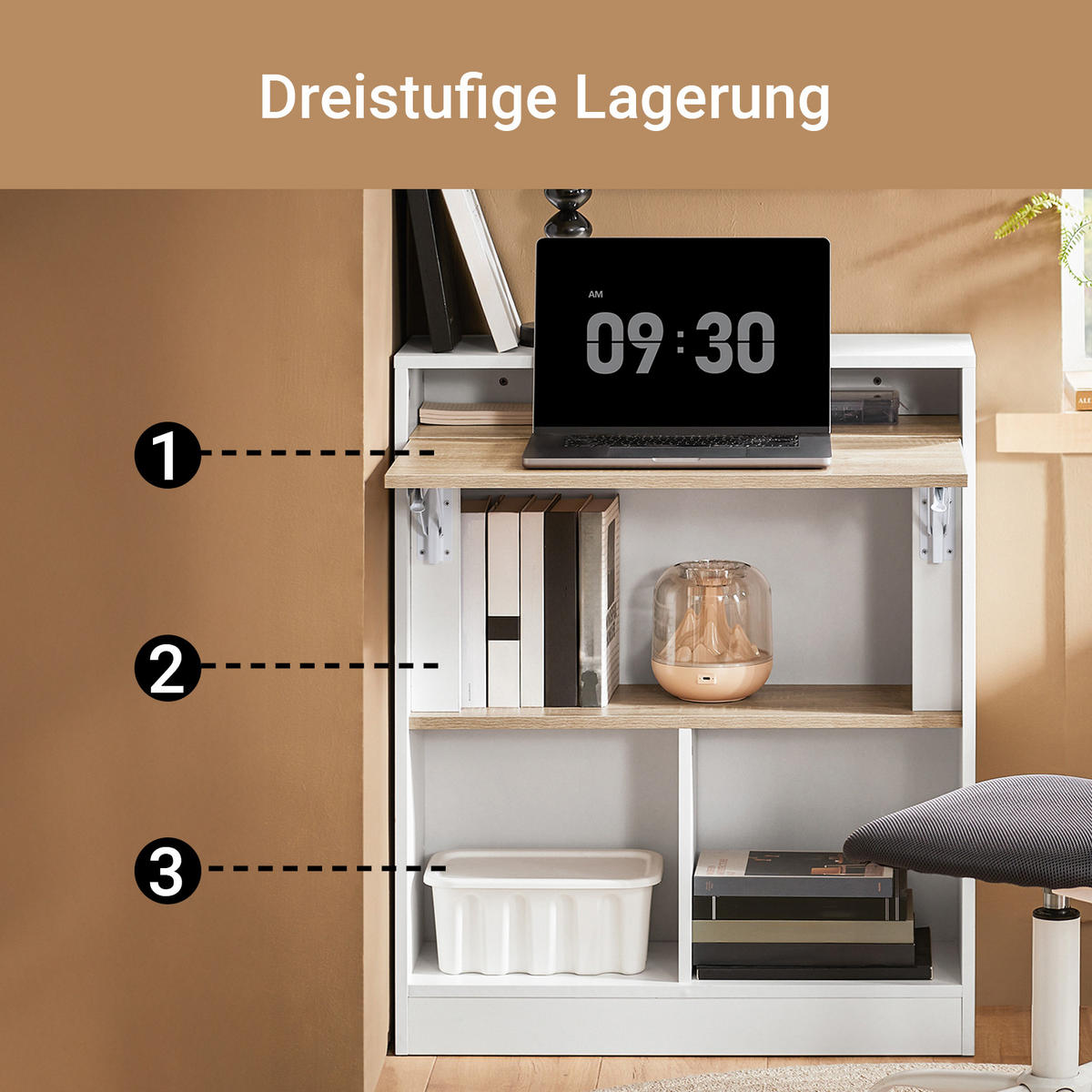 SCHREIBTISCH klappbar mit Regal Weiß-Natur 70x57x85 cm - Weiß, Holz/Holzwerkstoff (54/70/85cm) - SoBuy