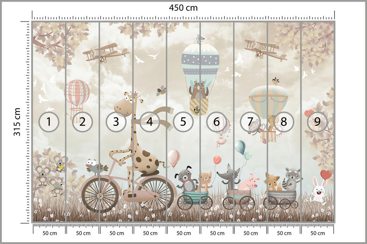 FOTOTAPETE Tiere auf Fahrrädern Luftballons Flugzeuge Pflanzen 450x315 - Blau/Beige, Papier (450/315cm) - Muralo