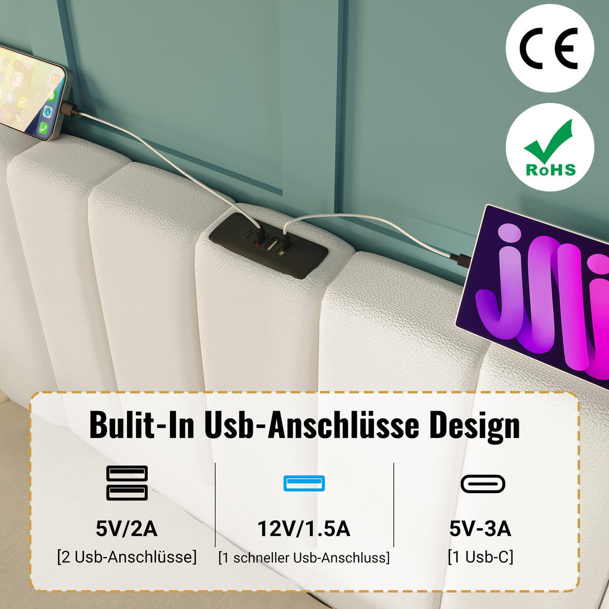 POLSTERBETT 180/200 cm in Weiß mit Bettkasten, LED und USB - Weiß, Holzwerkstoff/Textil (180/200cm) - STILVORA