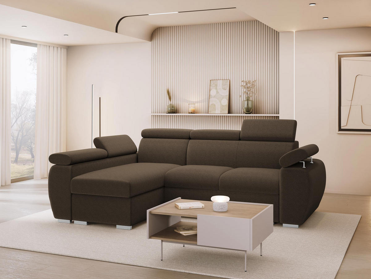 ECKSOFA Boston Mini, Seite: Links - LC+2R - Chromfarben/Braun, Holz/Textil (255/170cm) - MIRJAN24