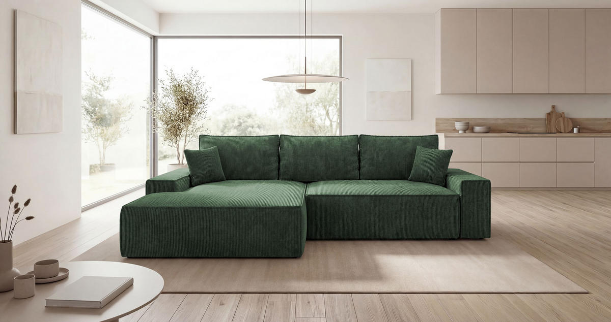 ECKSOFA VERONA links grün Cord Poso 14 - Schlaffunktion, Bettkasten - Grün, Textil (280/185cm) - Cornero