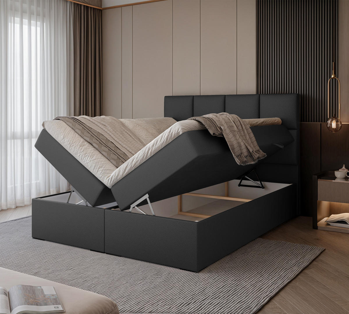 BOXBETT 120x200 cm mit Topper - Schwarz, Textil (180/200cm) - Idohome