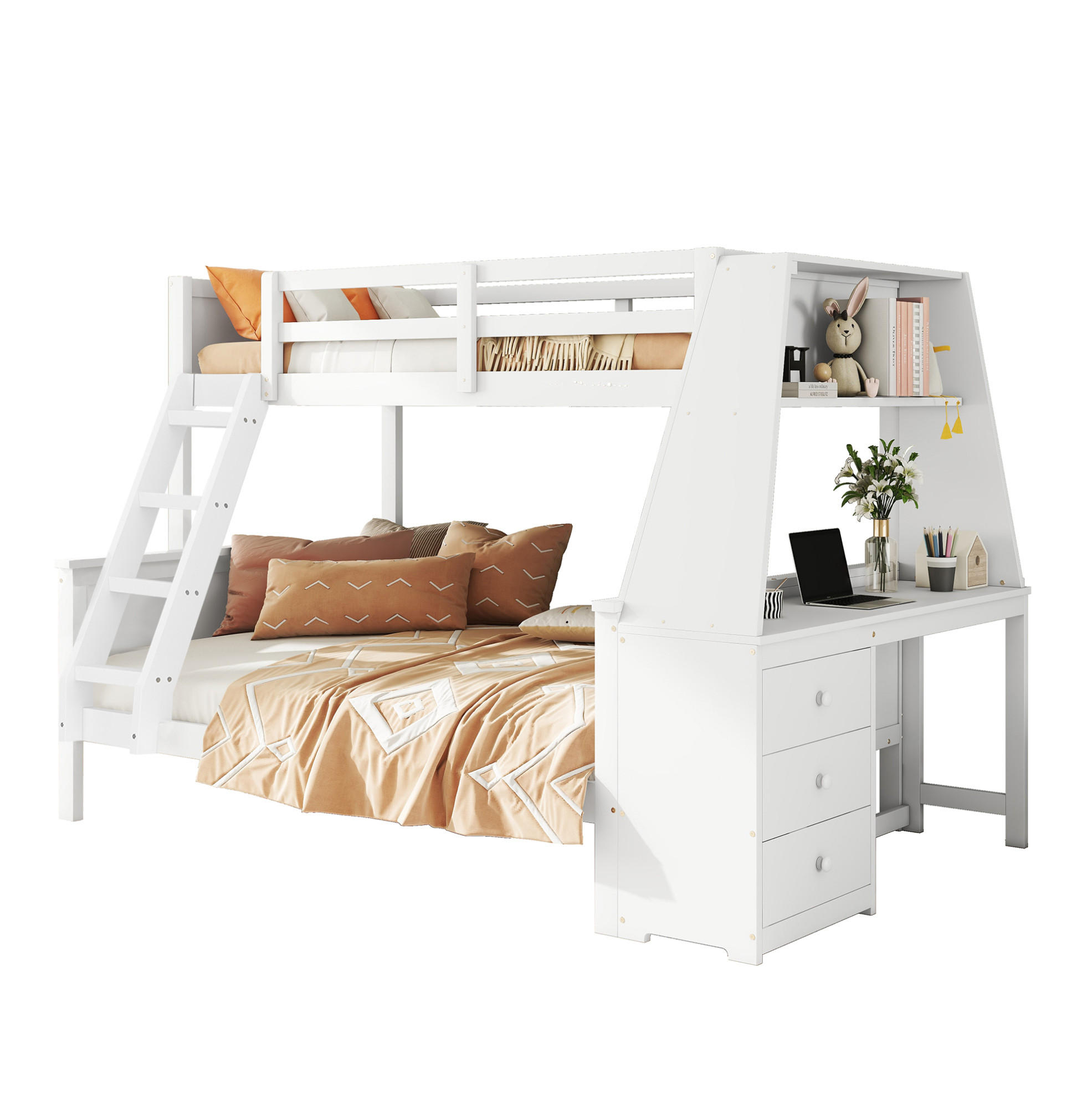 ETAGENBETT 90/200 cm + 140/200 cm in Weiß mit Schreibtisch und Stauraum - Weiß, Holz (90/200cm) - BEAOK