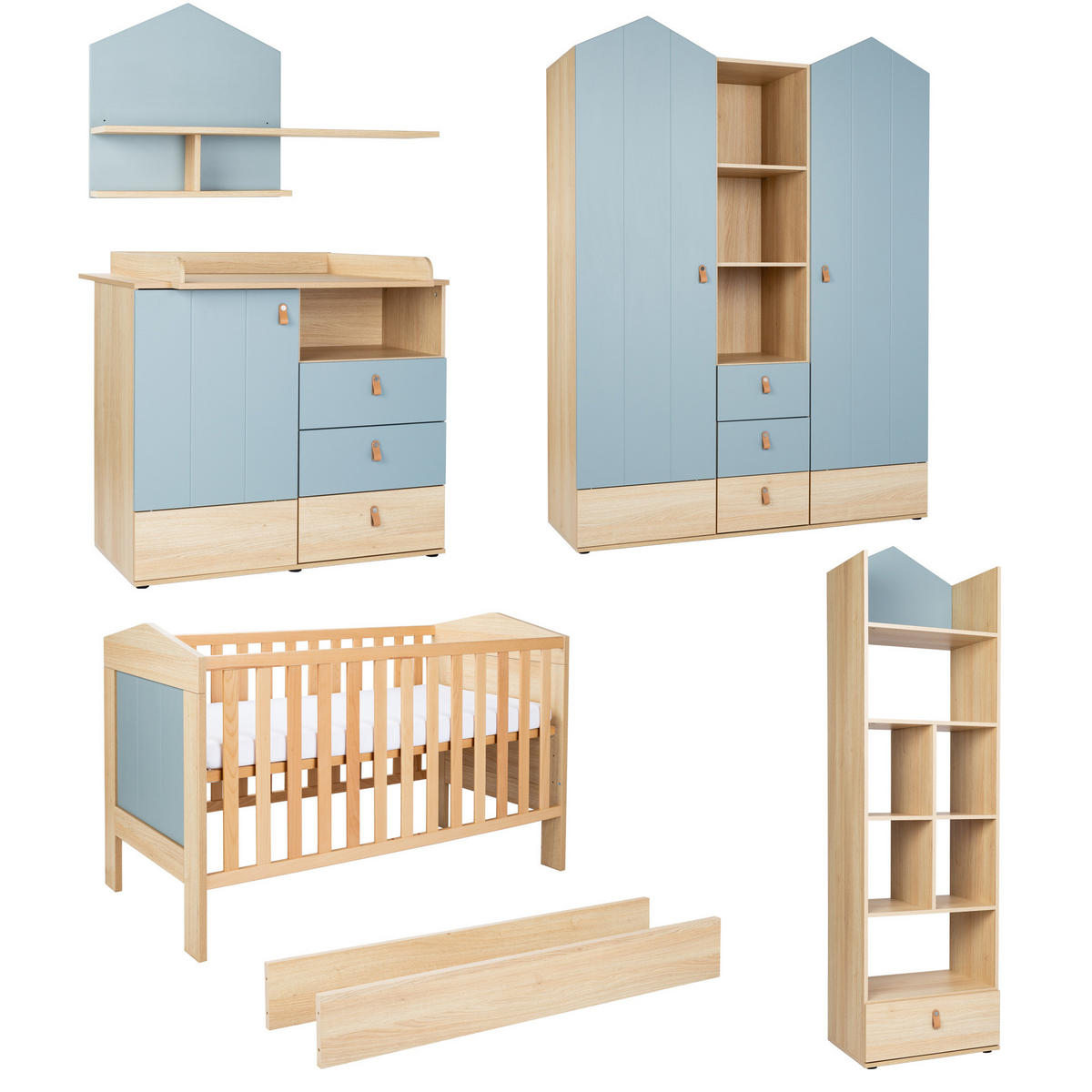 BABYZIMMER Mega-Set Roofy 6-tlg. 2-türig - Salbeigrün/Eichefarben, Leder/Holz (1/1/1cm) - arthur berndt