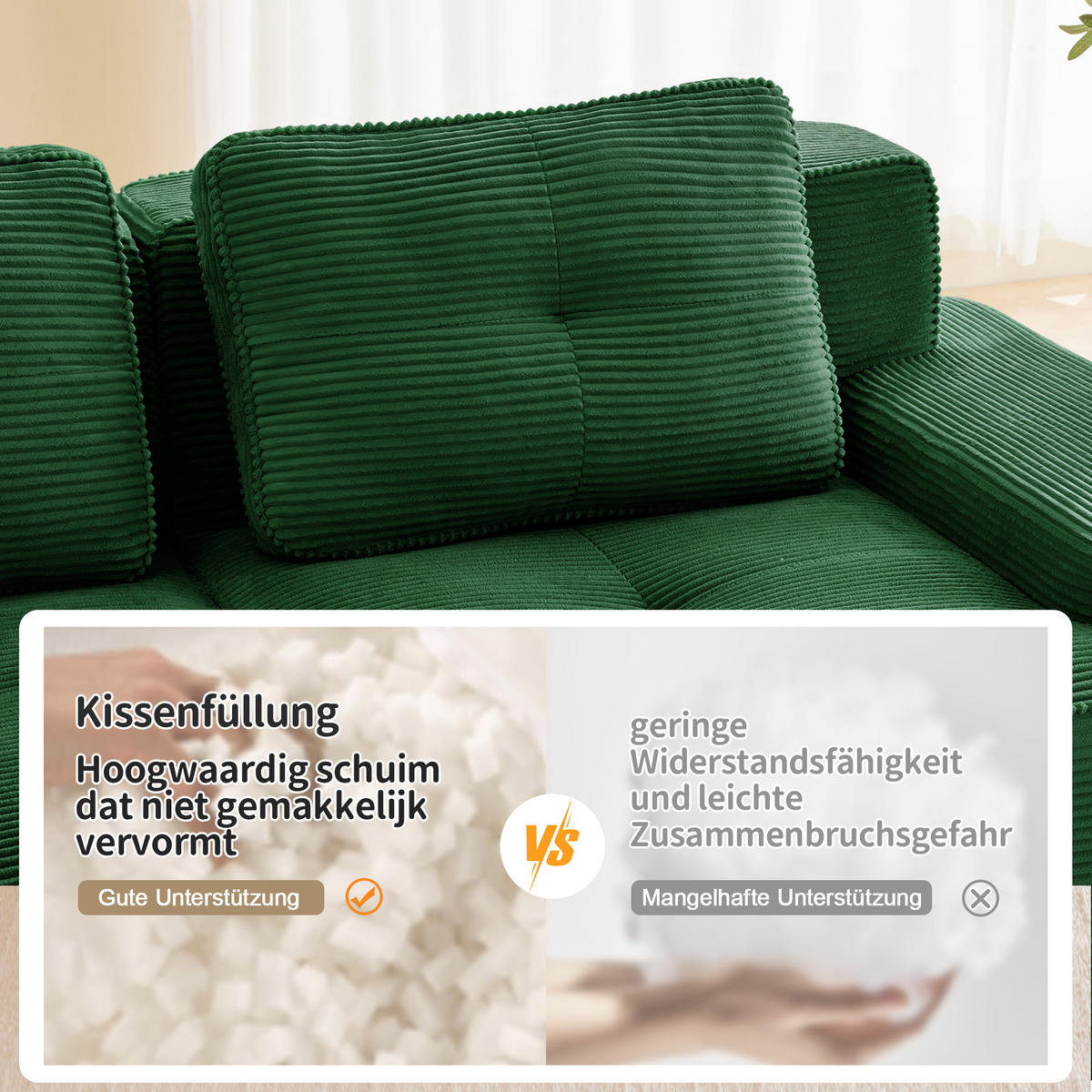 ECKSOFA cord in grün mit ottoman, rahmenlos & montagefrei - Grün, Textil (293/177cm) - Urban Meuble