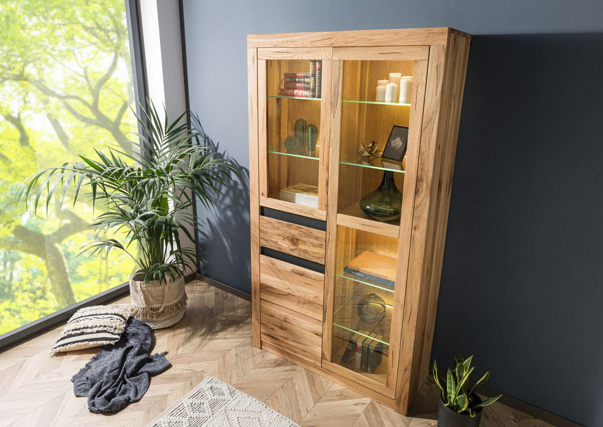 VITRINE Wild-/ Zerreiche 110x42x200 Eiche natur geölt MONTREUX #118 - Braun, Holz (110/200/42cm) - Massivmoebel24