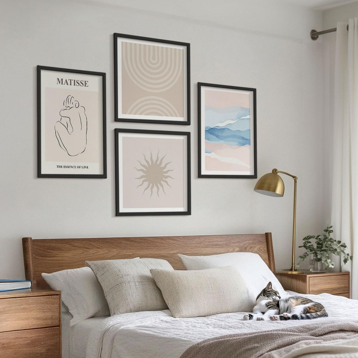 WANDBILDER 4er-Set - 50x50 cm & 40x60 cm Schwarzer Rahmen - Linien, Wellen, Pastellfarben, minimalistisch - Schwarz, Kunststoff (50/50cm) - ArtPrintCave