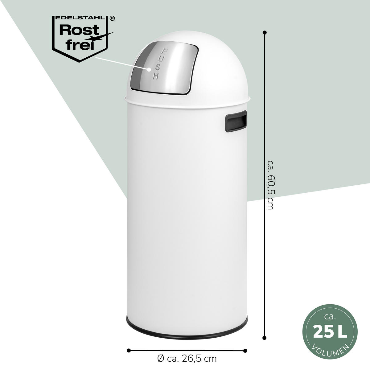ABFALLEIMER Push-Deckel 25 L, weiß - Weiß, Metall (26.5/60.5/26.5cm) - eluno