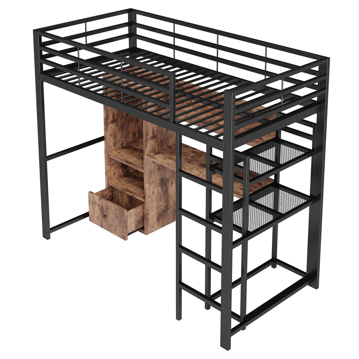 HOCHBETT 90/200 cm in Schwarz mit Schreibtisch, 1 Schublade, Regal und LED - Schwarz, Holzwerkstoff/Metall (90/200cm) - STILVORA
