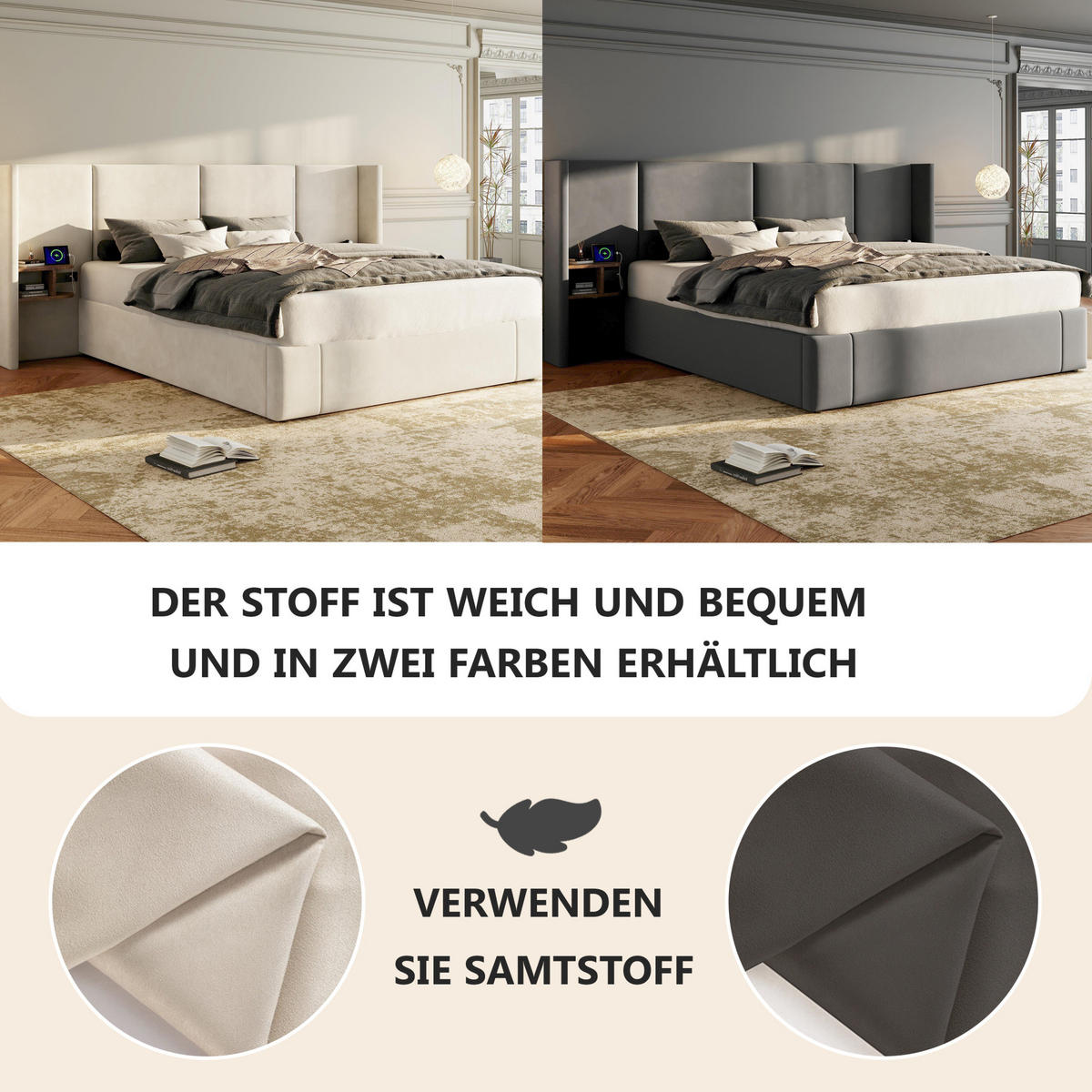 POLSTERBETT aus Samt 160x200 cm Beige mit Bettkasten, USB-Anschlüssen, Steckdosen und 2 Nachttischen - Beige, Textil (160/200cm) - IVMEU