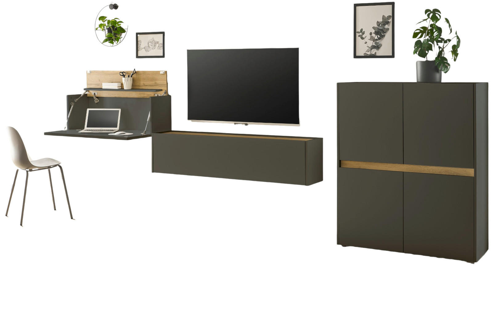 WOHNWAND 3-teilig grau matt, Eiche Wotan 370 cm, Schrankwand mit Sekretär - Eiche Wotan/Grau, Holzwerkstoff/Kunststoff (370/122/40cm) - Furn.Design