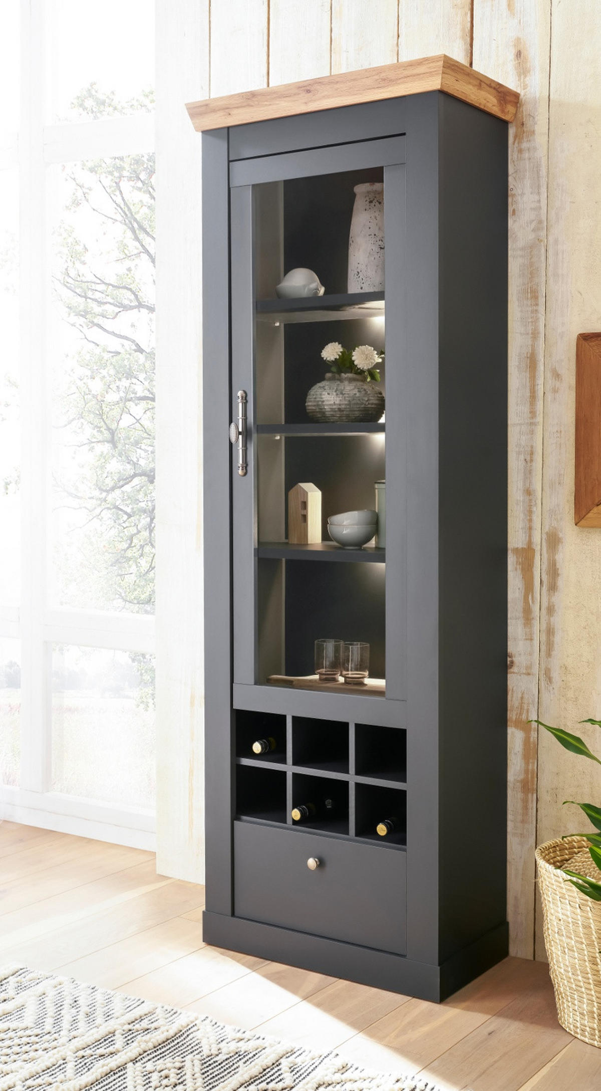 VITRINENSCHRANK grau, Eiche Wotan, Landhaus 72 cm, Vitrine mit Soft-Close - Silberfarben/Eiche Wotan, Glas/Holzwerkstoff (72/201/38cm) - Furn.Design
