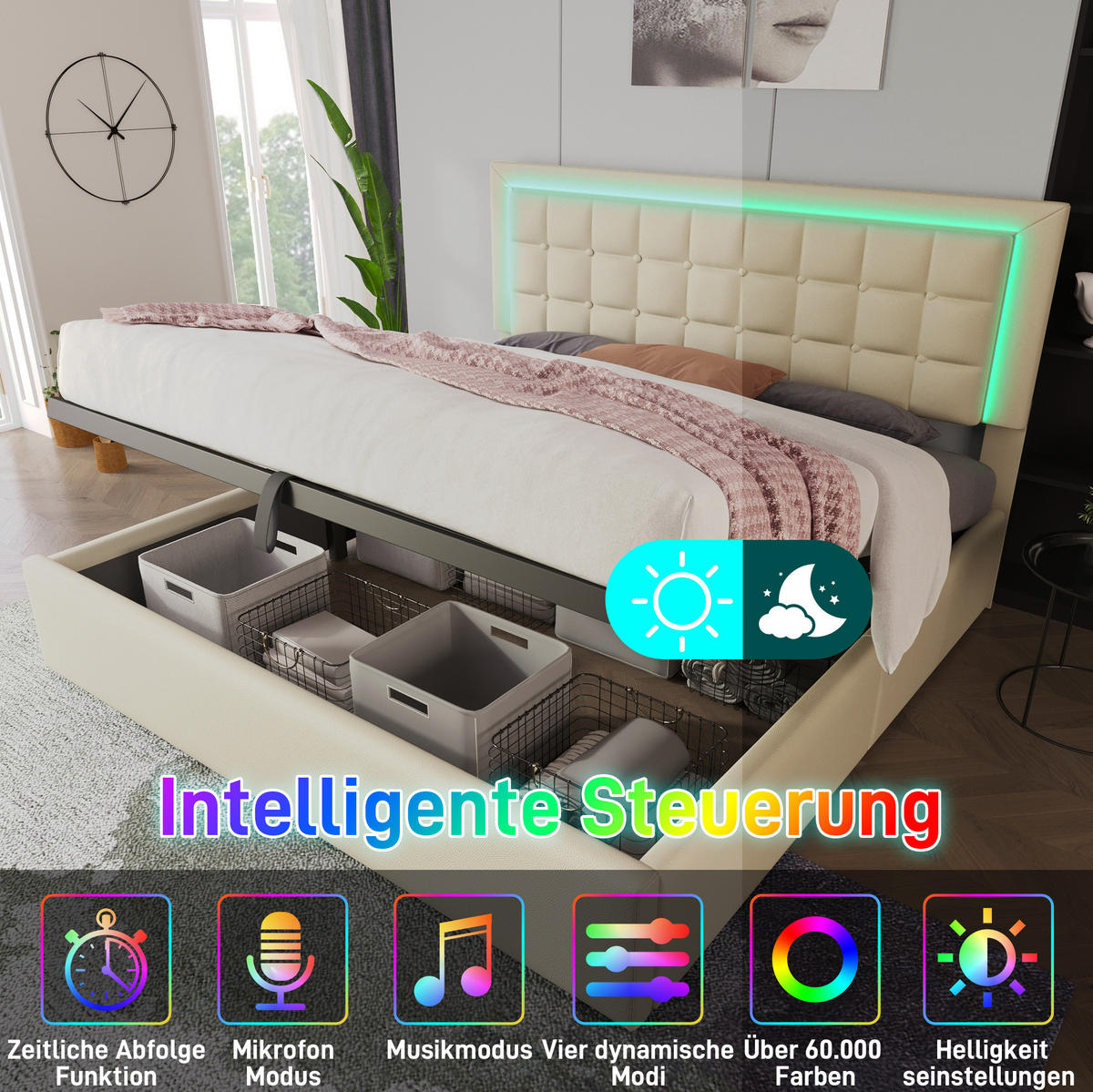 POLSTERBETT 160/200 cm weiß aus PU mit LED und Stauraum - Weiß, Kunststoff (160/200cm) - OKWISH