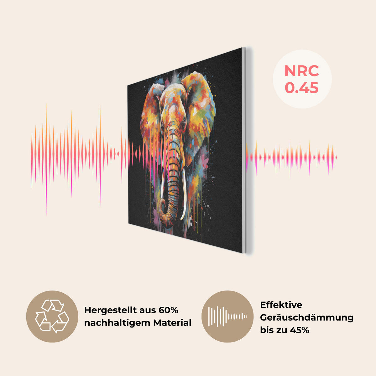 AKUSTIKBILD Elefant - Graffiti - Schwarz - Tiere - Farben Akustikpaneele 90x60 cm - Schwarz, Kunststoff (90/60/0.9cm) - MuchoWow