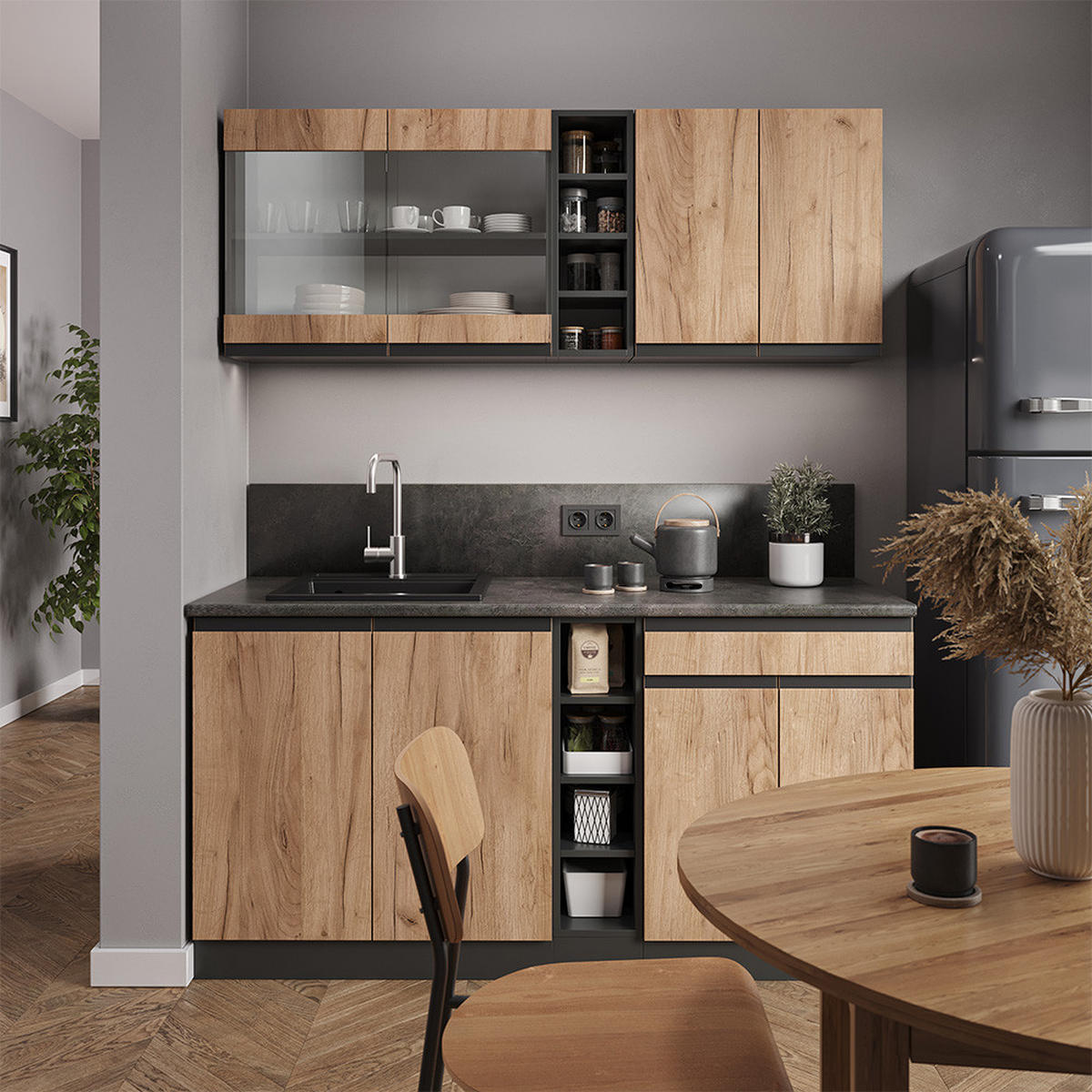 SINGLEKÜCHE R-Line Goldkraft Eiche/Anthrazit 160 cm J-Shape - Honigeiche/Anthrazit, Holzwerkstoff (160/81.6/46cm) - Vicco