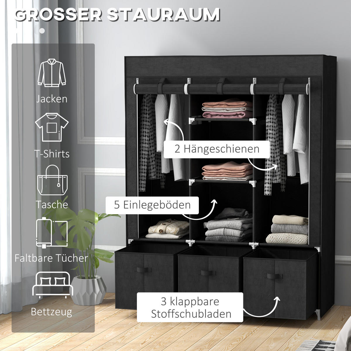 STOFFSCHRANK, Kleiderschrank, Schwarz - Schwarz, Metall (43/162.5/125cm) - HOMCOM