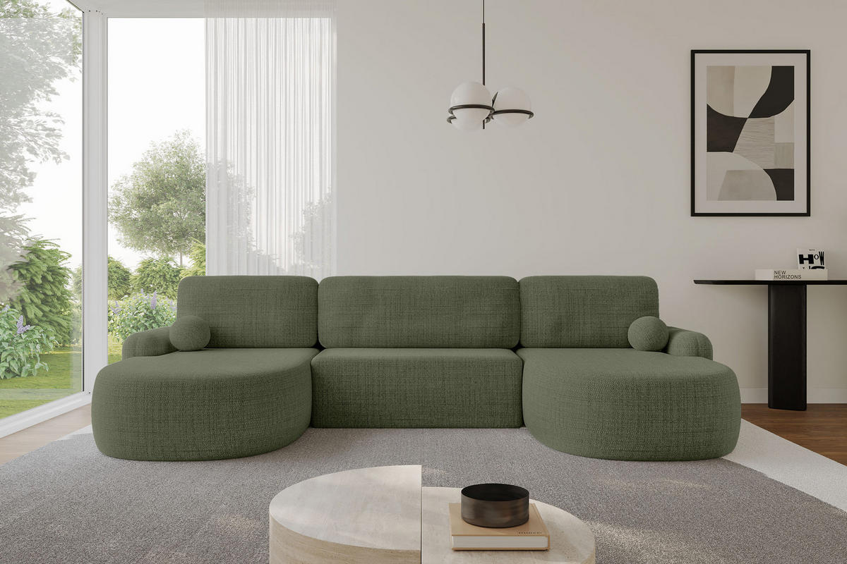 WOHNLANDSCHAFT mit Schlaffunktion und Bettkasten LIRA-U - 335x172x89 Grün - Dunkelgrün, Holzwerkstoff/Textil (335/89/172cm) - ALTDECOR