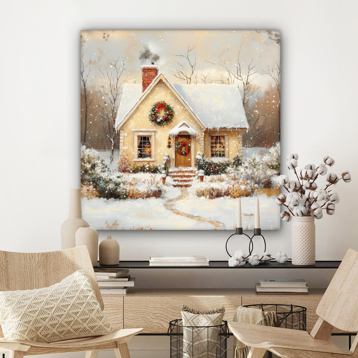LEINWANDBILD Weihnachten - Zuhause - Winter - Schnee Deko Groß 90x90 cm - Creme, Textil (90/90cm) - MuchoWow