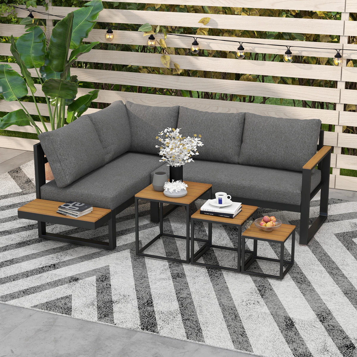 SITZGRUPPE DE-06453 5-teiliges Loungemöbelset, wendbar zu Ecksofa Grau/Natur - Dunkelgrau, Textil/Metall - ComfortXL