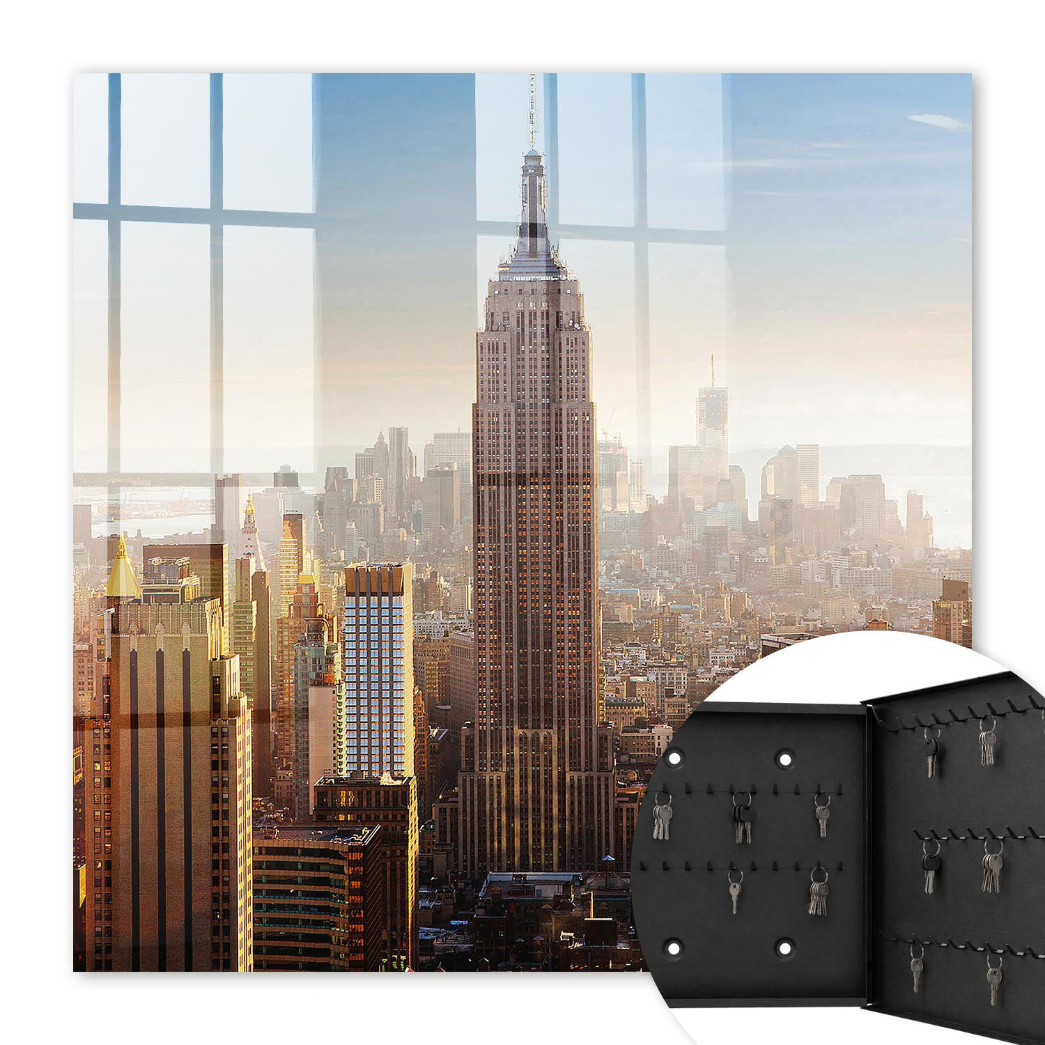 SCHLÜSSELBOX Schwarz 30x30 cm- Türöffnung nach rechts - Die Stadt am Morgen - Blau, Metall (30/30/5cm) - TULUP