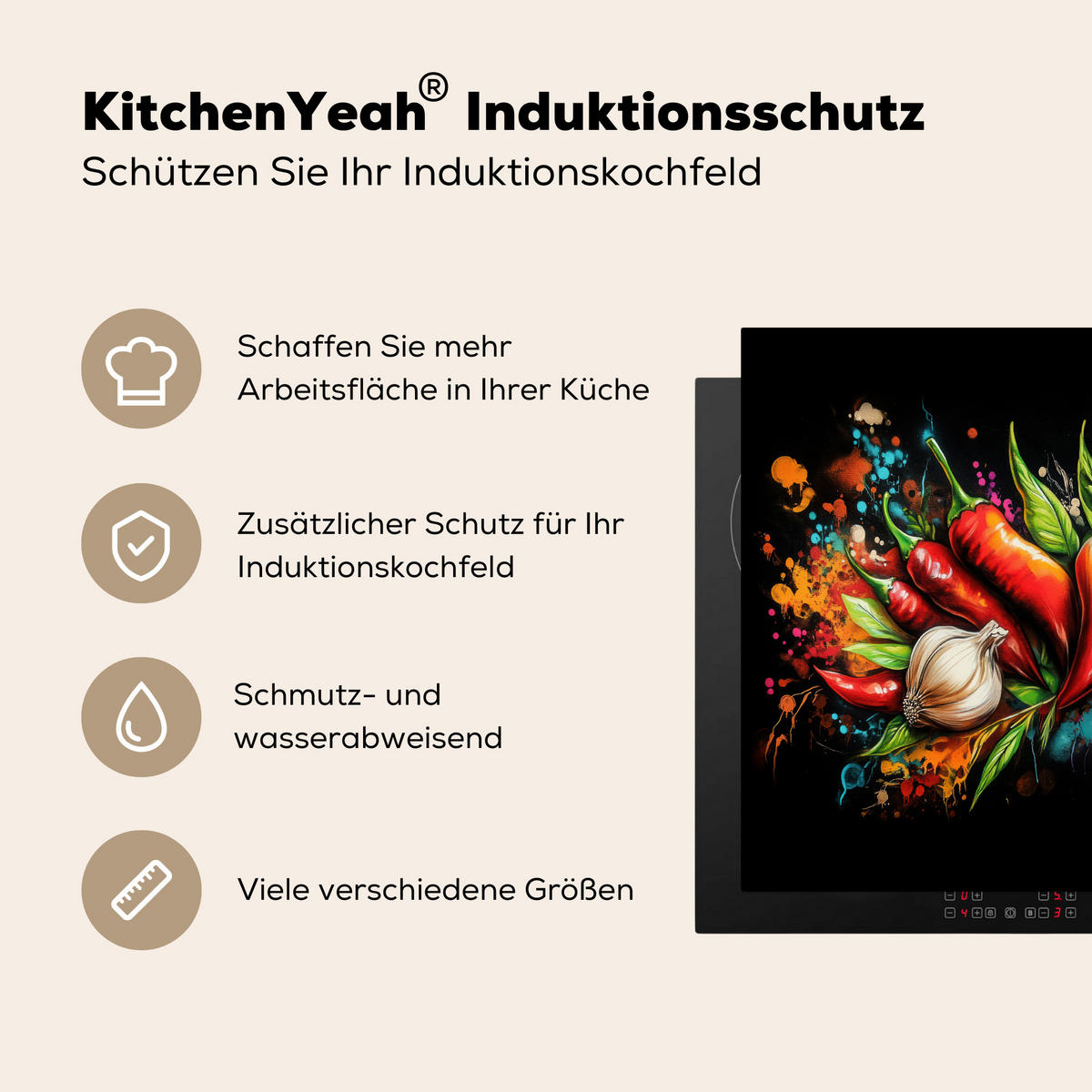 HERDABDECKPLATTE Gemüse - Paprika - Knoblauch - Graffiti - Farbe - Bunt 58x51 cm - Rot, Kunststoff (58.3/51.3/0.2cm) - MuchoWow