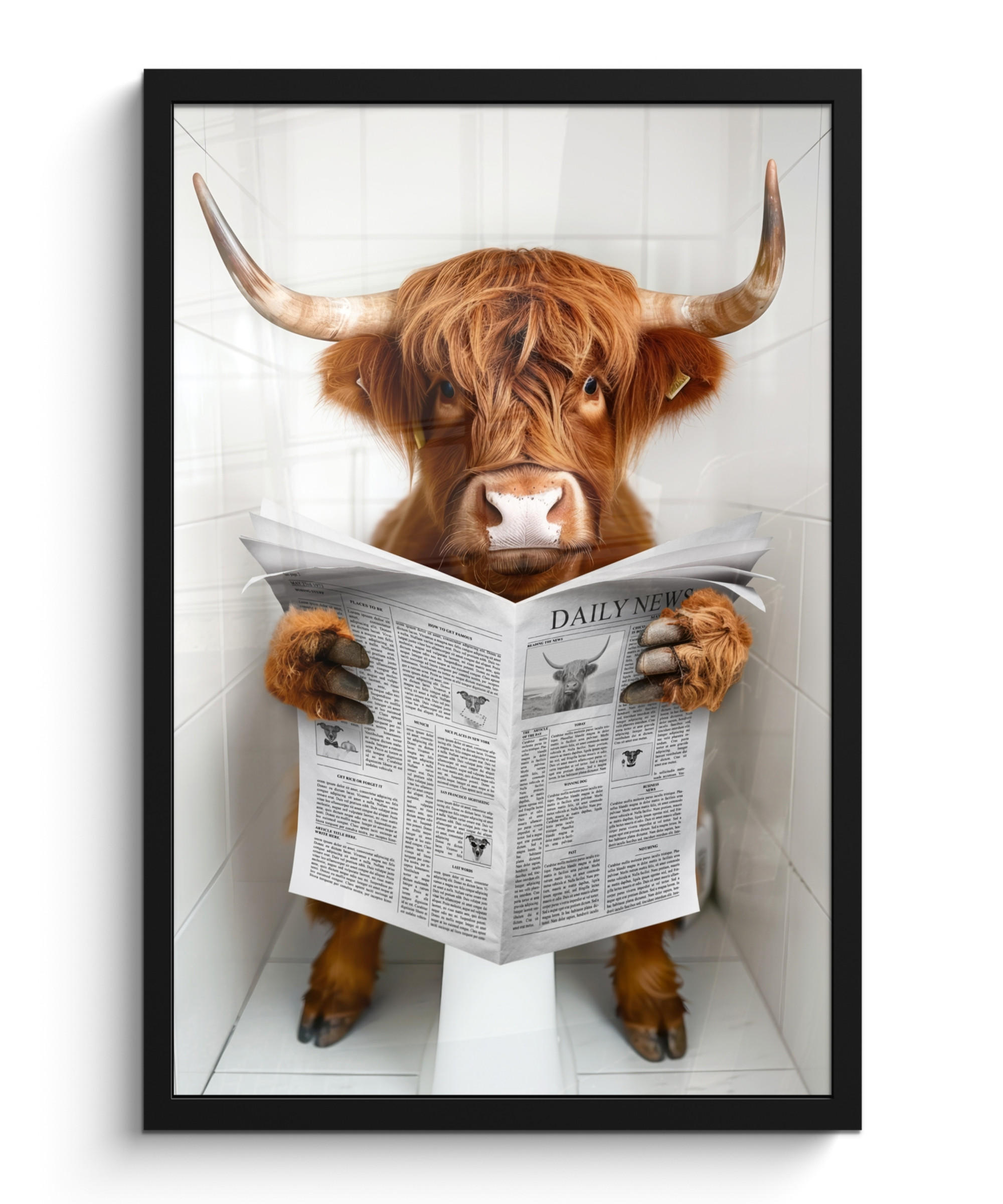 GERAHMTES BILD Schottisches Hochlandrind - Tier - Zeitung - Toilette 40x60 cm - Kastanienfarben, Papier (40/60cm) - MuchoWow