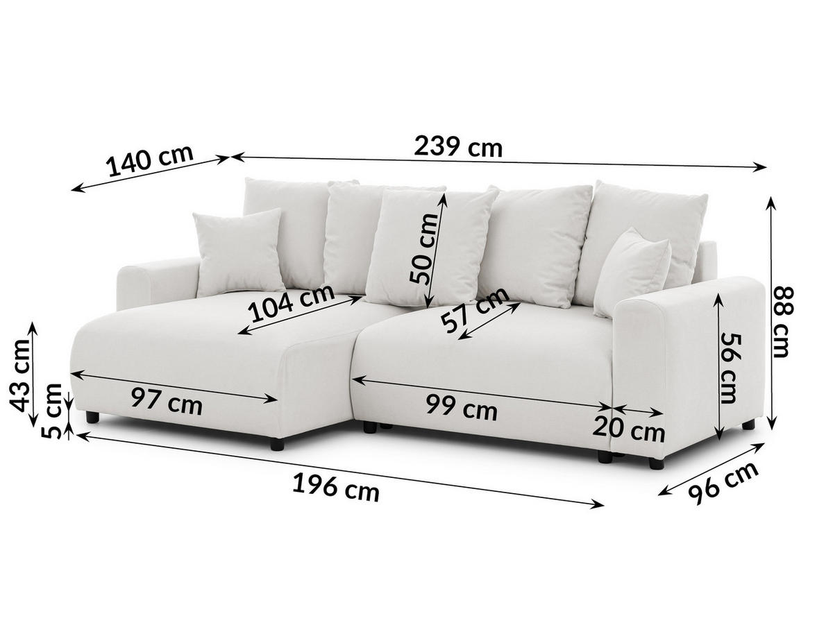 ECKSOFA Calma mit Schlaffunktion und Bettkasten im Bumpy-Design aus weichem Creme Webstoff - Ottomane links - Creme/Schwarz, Holz/Kunststoff (239/140cm) - S-Style