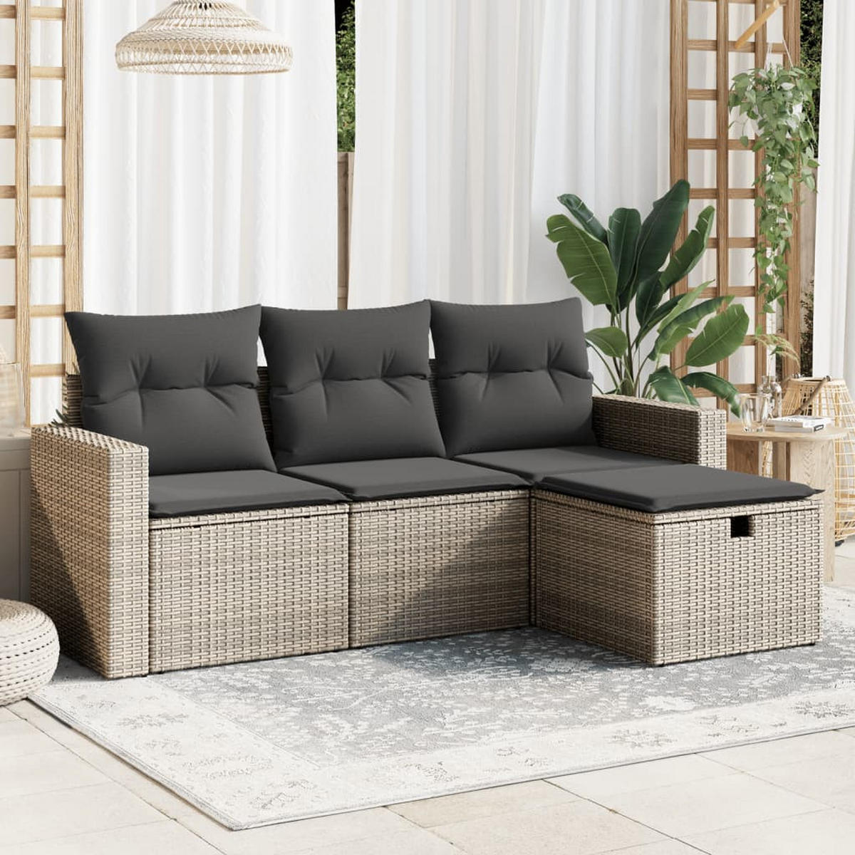 GARTEN-SOFAGARNITUR 4-teilig Mit Kissen Grau Poly Rattan - Grau, Kunststoff - vidaXL