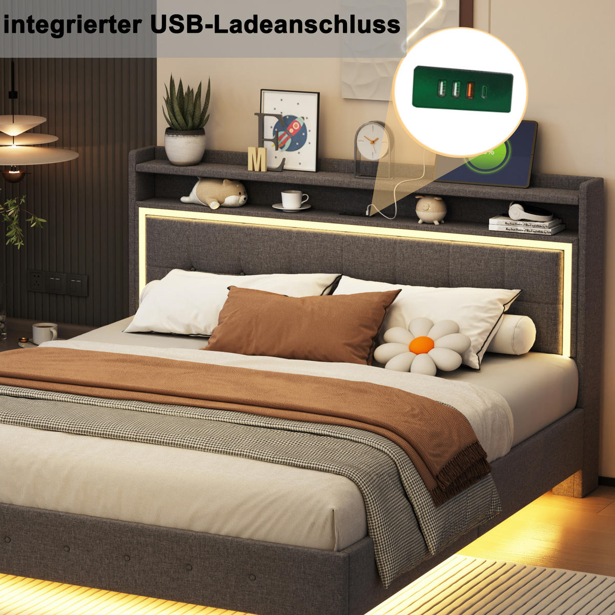 POLSTERBETT 140/200 cm grau aus Stoff mit USB-Steckdose und LED - Grau, Textil (140/200cm) - OKMYHOME