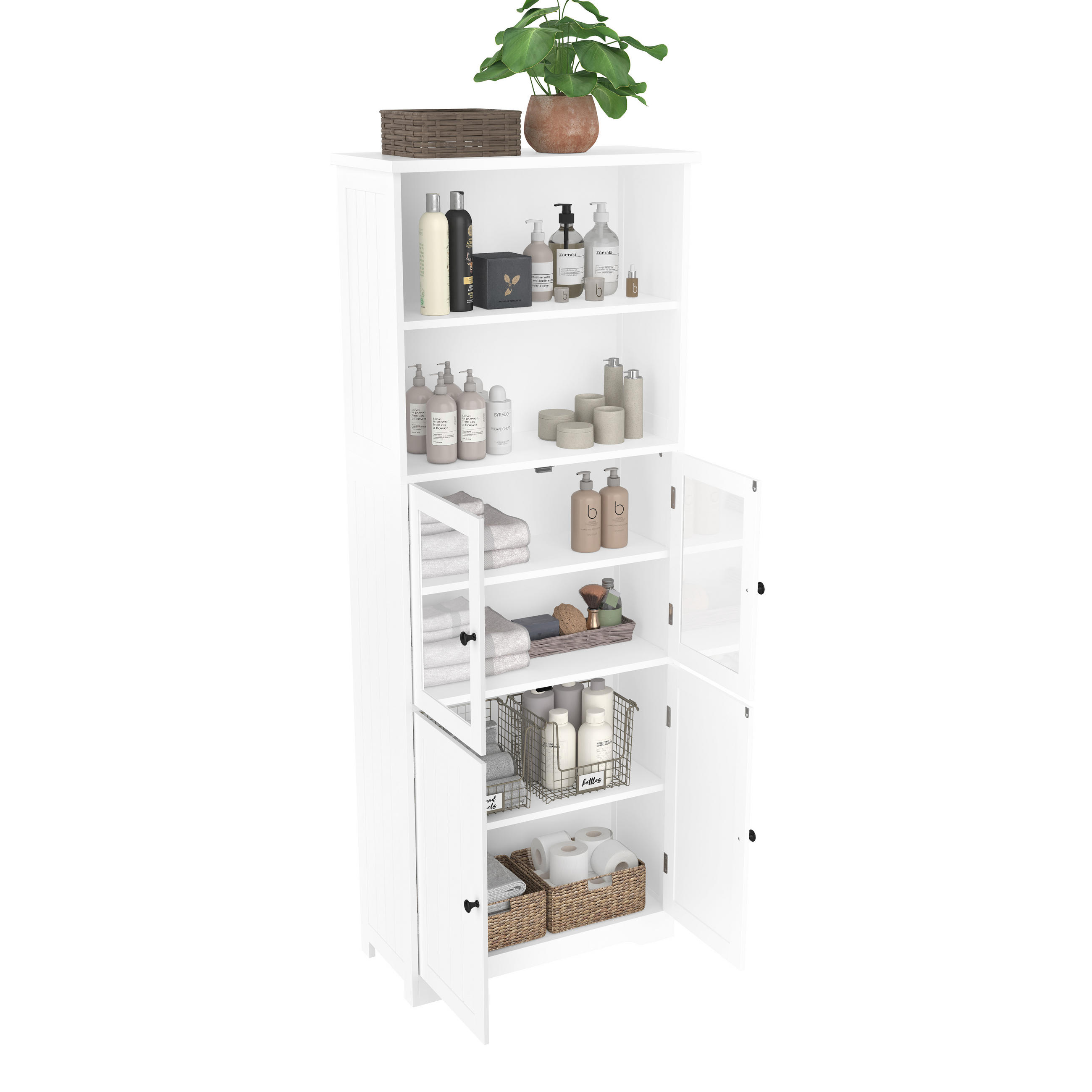 HOCHSCHRANK aus lackiertem MDF mit Glastür und verstellbaren Einlegeböden, 57,5/28,5/160 cm, Weiß - Weiß, Holzwerkstoff (57.4/160/28.5cm) - Redom