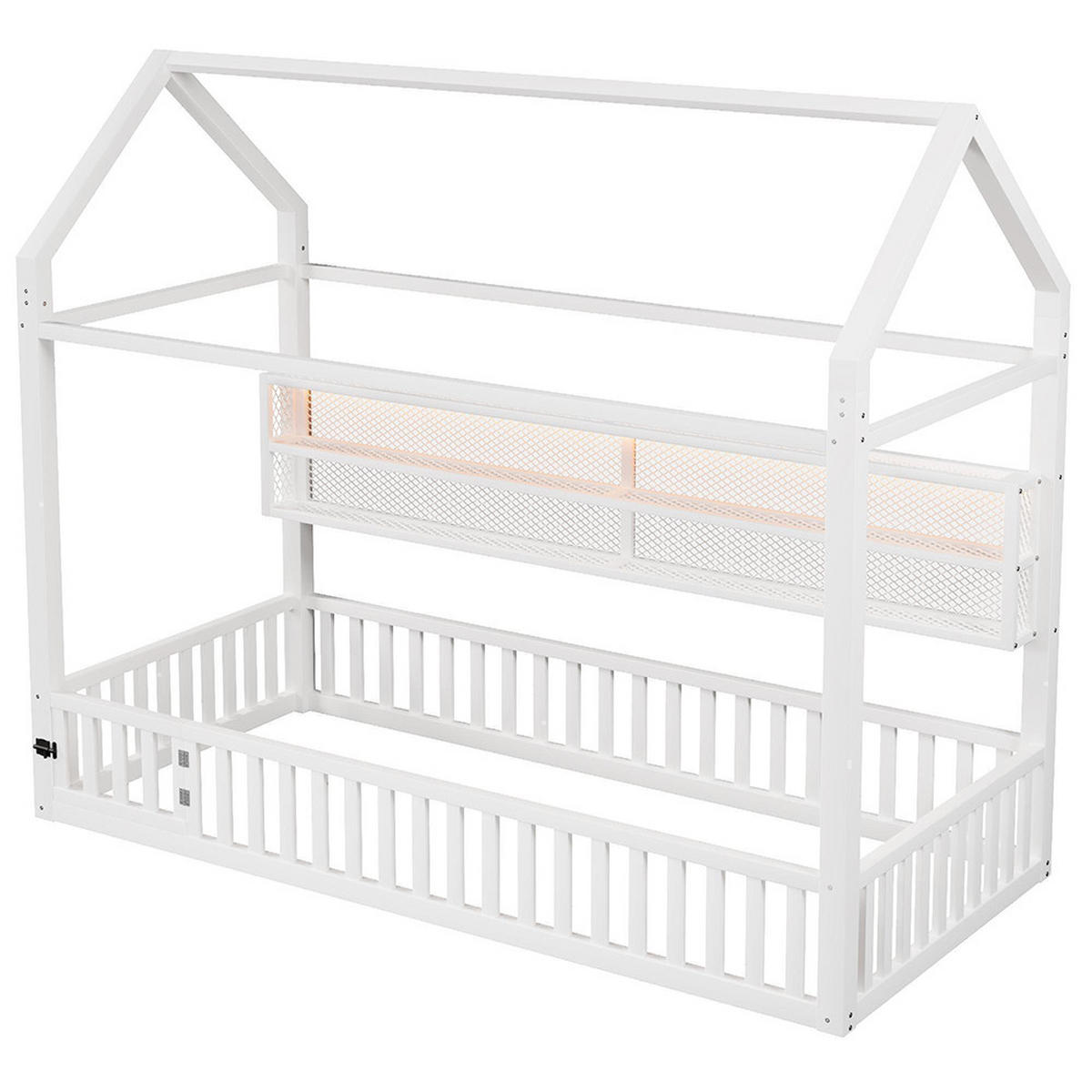 HAUSBETT 90x200 cm mit Zaun und LED-Beleuchtung, Weiß - Weiß, Metall (90/200cm) - KOMHTOM