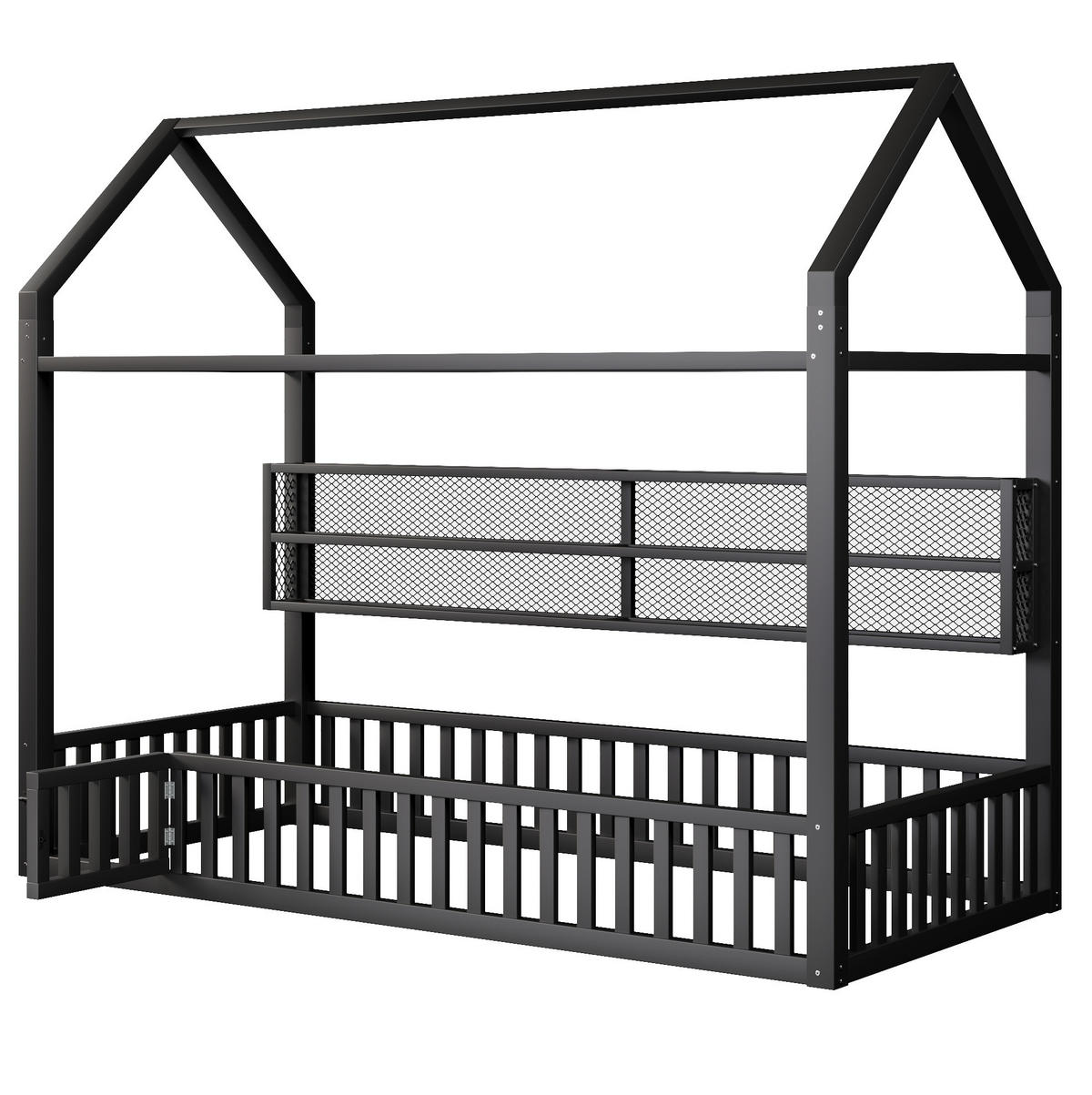 KINDERBETT 90/200 cm aus Metall mit Sicherheitszaun und LED-Beleuchtung, Schwarz - Schwarz, Metall (90/200cm) - Flora Grace
