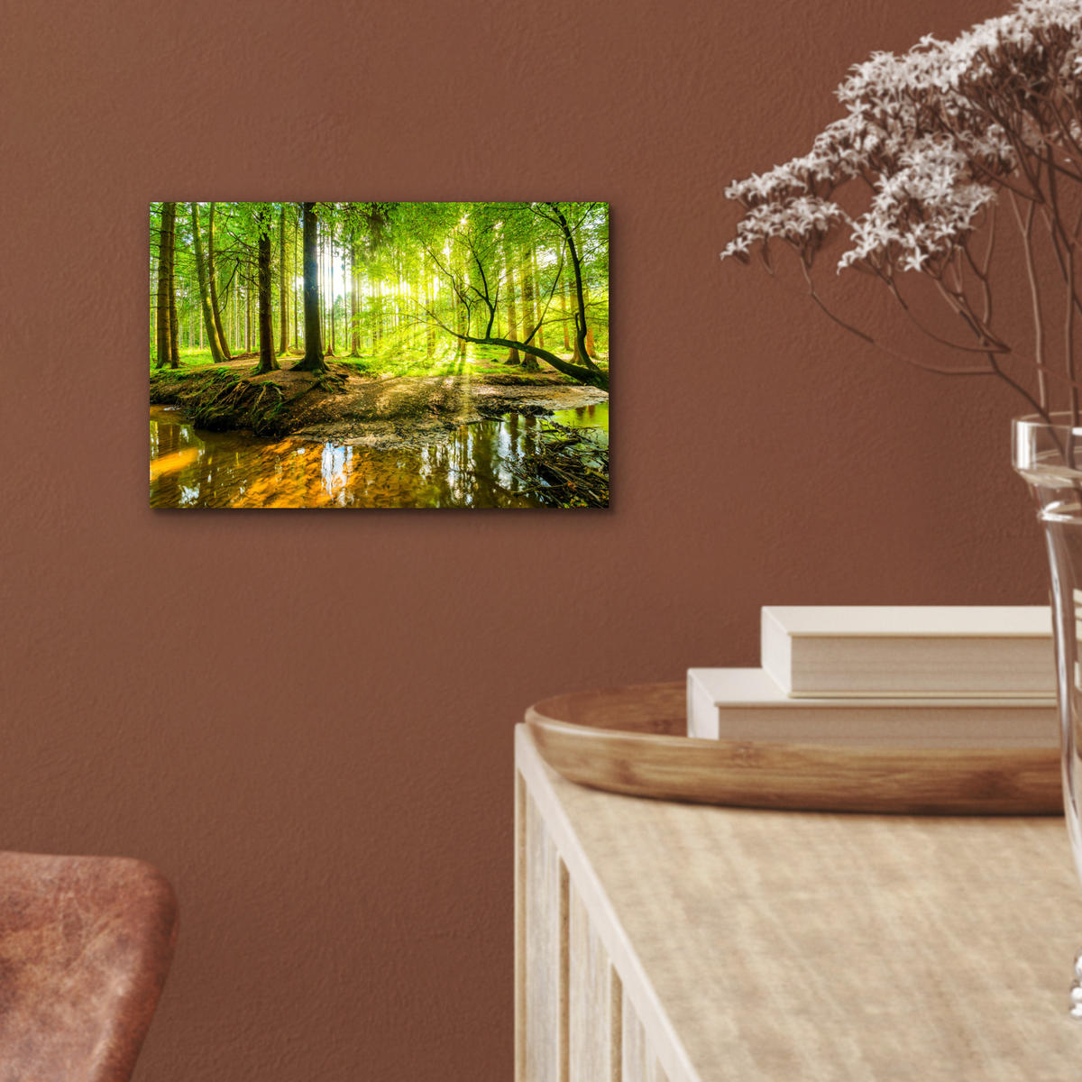 METALLBILD Wald - Landschaft - Wasser - Bäume - Sonne - Grün - Natur 30x20 cm - Grün, Metall (30/20cm) - MuchoWow