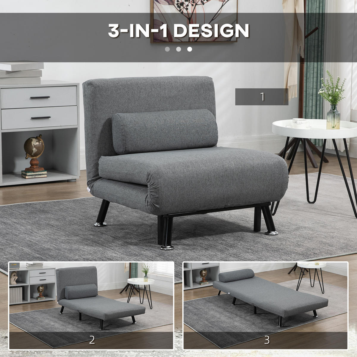 SCHLAFSESSEL Klappsessel mit Bettfunktion Schlafsofa mit Verstellbar Rückenlehne - Dunkelgrau/Schwarz, Textil/Metall (70/75/75cm) - HOMCOM
