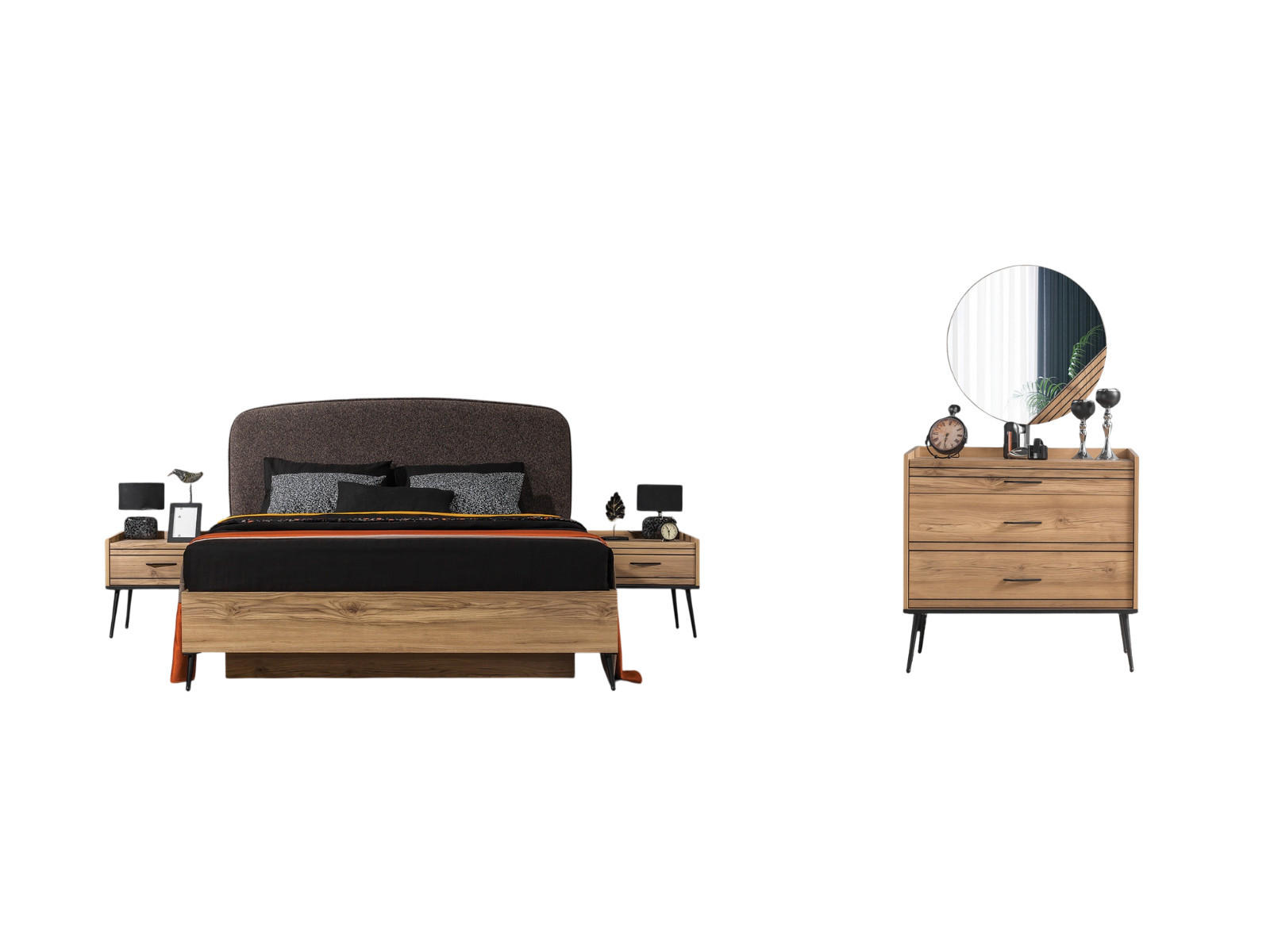 BETTANLAGE CIZGI Schlafzimmer-Set, 4-teilig, Eiche, Bett mit Kopfteil 2 Nachttischen und Kommode - Eichefarben, Holzwerkstoff (160/200cm)