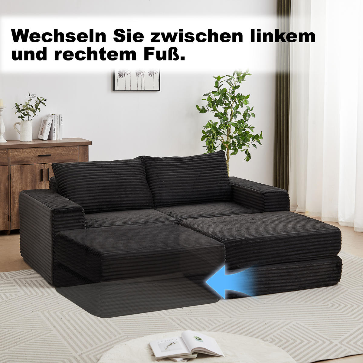 ECKSOFA DE-34544 2-in-1 mit Fußstütze und Kissen Schwarz - Schwarz, Textil (169.5/194cm) - ComfortXL