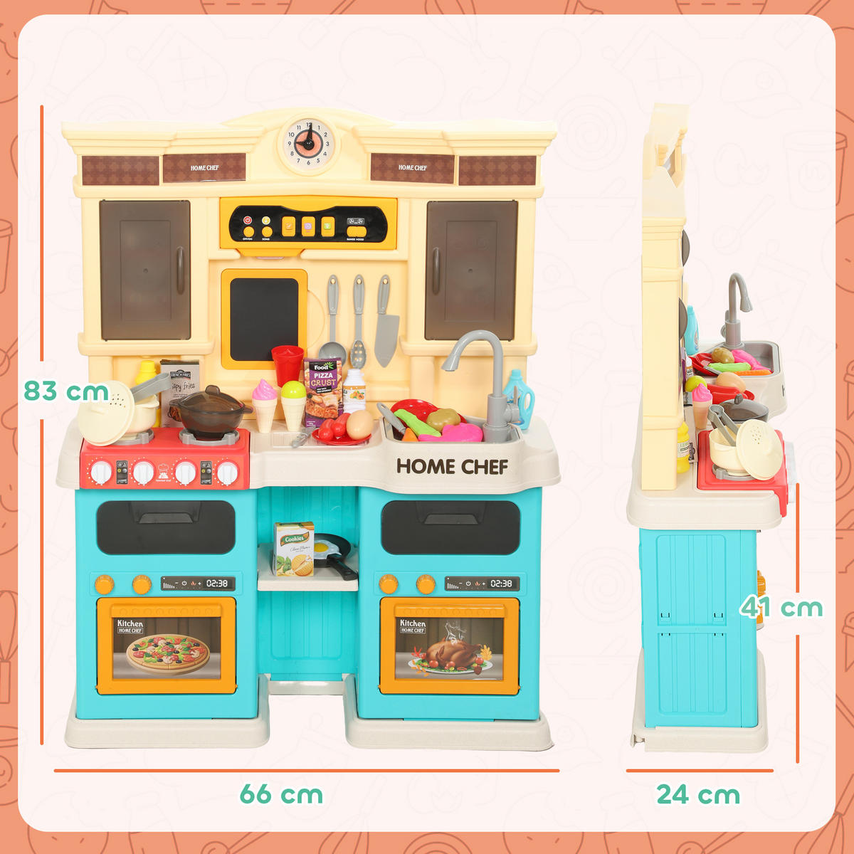 SPIELKÜCHE mit fließendem Wasser, 85-teiliges Zubehör, elektrischer Wasserhahn - Grün, Kunststoff (24/66cm) - AIYAPLAY