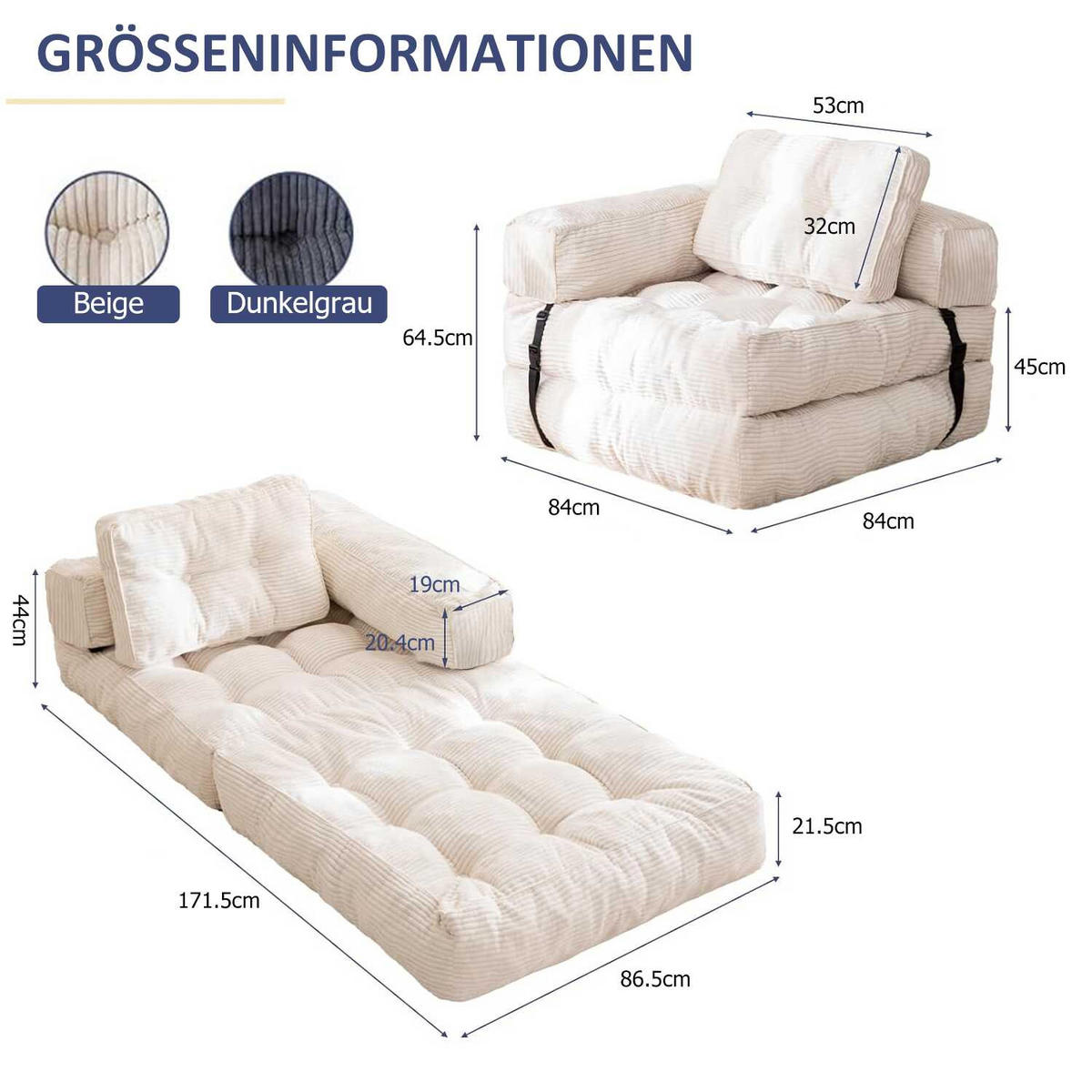 SOFA 1 Sitzer faltbar mit Armlehnen, 170x85 cm, für Wohnzimmer & Schlafzimmer,Beige - Beige, Textil (86/21/170cm)