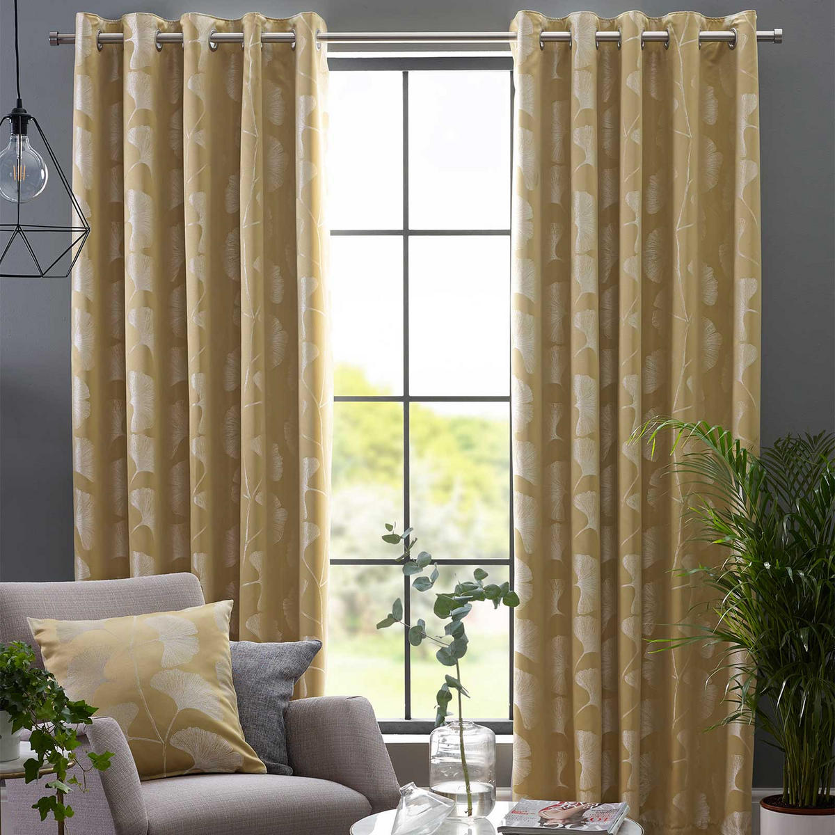 ÖSENVORHANG Gingko-Motiv verdunkelnd 2er-Set, 117/182 cm - Currygelb, Textil (117/182cm) - Homescapes