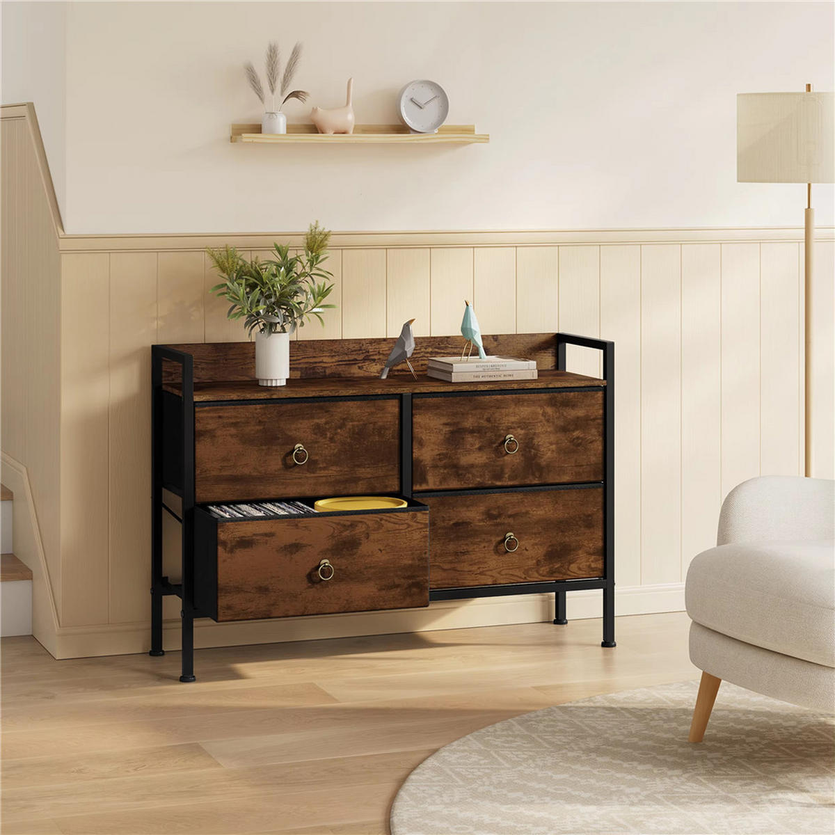 KOMMODE Stoff 4 Schubladen Sideboard 100x69x29 cm - Braun, Metall (100/69/29cm) - Kaket