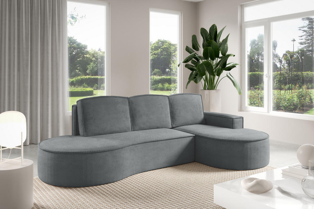 ECKSOFA MOLLY mit Schlaffunktion – Halbrund, freistehend, Liegefläche 140x207 cm, 3 Kissen, Curio-Stoff, 277x157x88 cm, Rechts, Grau - Grau, Holz/Textil (277/157cm) - DomoHome