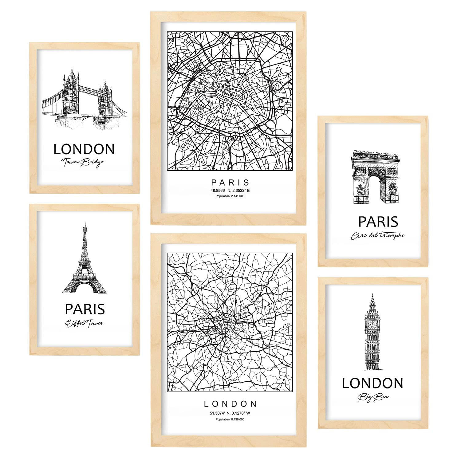 POSTER Set Mit 6 Von Paris Und London Sammlung A3 & A4 Rahmen Aus Hellem Holz - Beige, Papier (29/3cm) - Nacnic