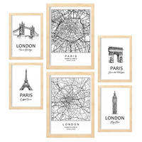 POSTER Set Mit 6 Von Paris Und London Sammlung A3 & A4 Rahmen Aus Hellem Holz - Beige, Papier (29/3cm) - Nacnic