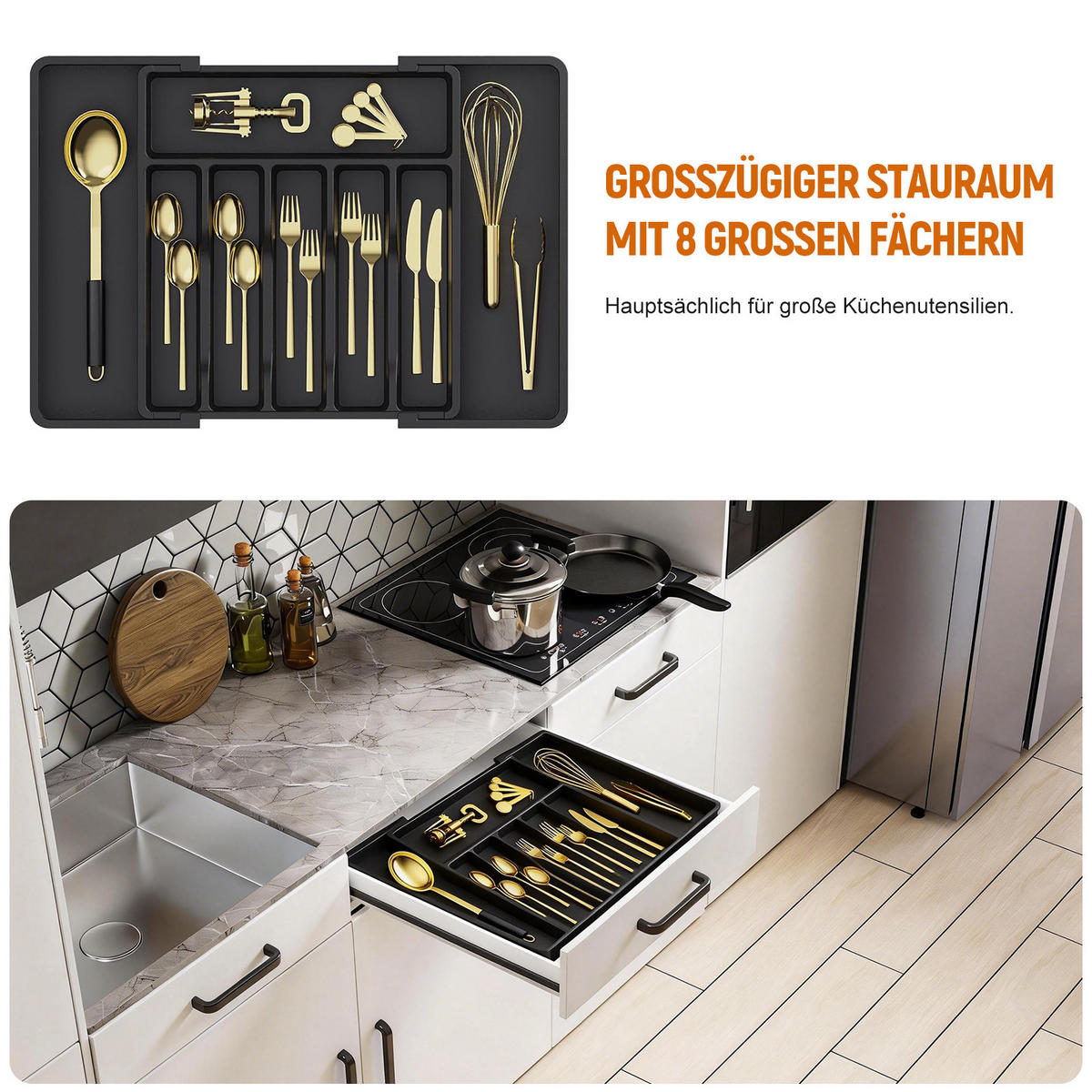 BESTECK Organizer Schublade ausziehbar 3-teilig Küchen Ordnungssystem Set - Schwarz, Kunststoff