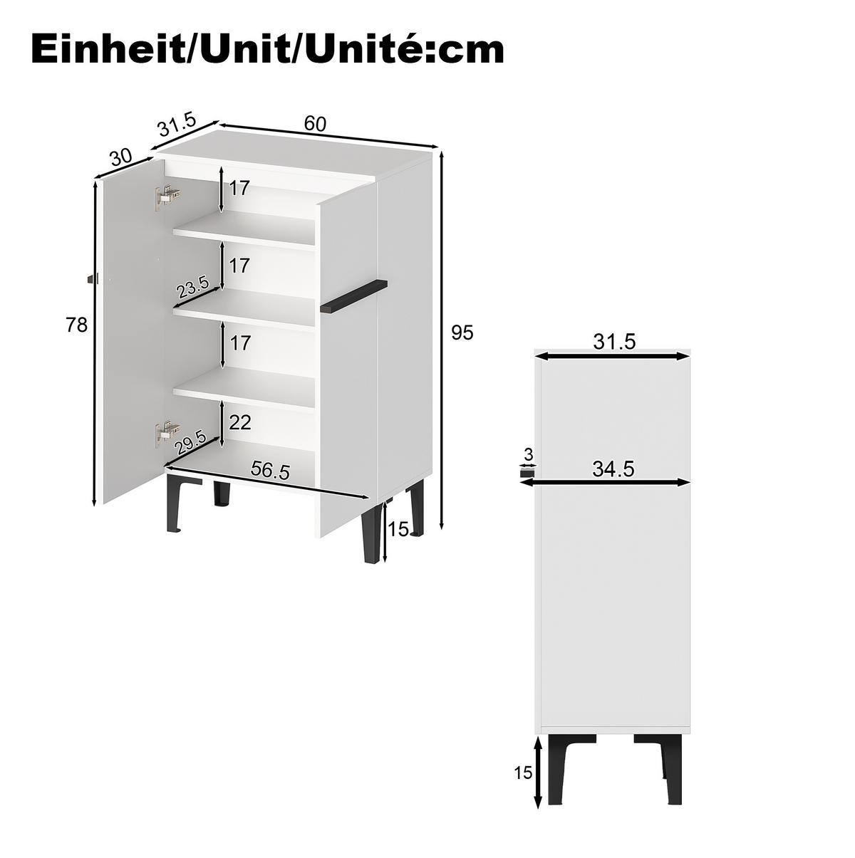 SCHUHSCHRANK 60/95/34,5 cm Weiß/Schwarz aus Holzwerkstoff mit verstellbaren Einlegeböden - Weiß, Holzwerkstoff (60/95/34.5cm) - OKMYHOME