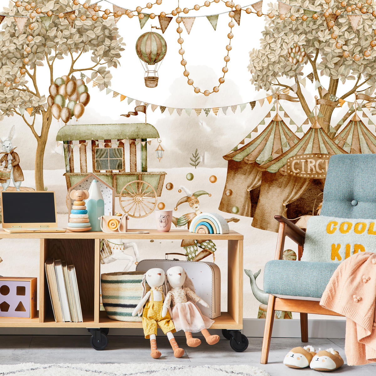 FOTOTAPETE für Kinderzimmer Zirkus Zelt Tiere Ballons Aquarell Bäume 350x256 - Ecru/Beige, Papier (350/256cm) - Muralo