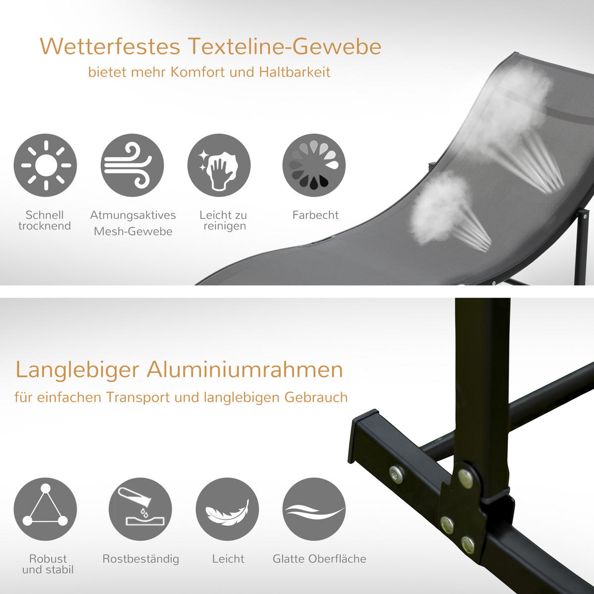 GARTENLIEGEN ergonomisch Aluminium Dunkelgrau 165 x 61 x 63 cm - Dunkelgrau, Textil (61/63/165cm) - Outsunny