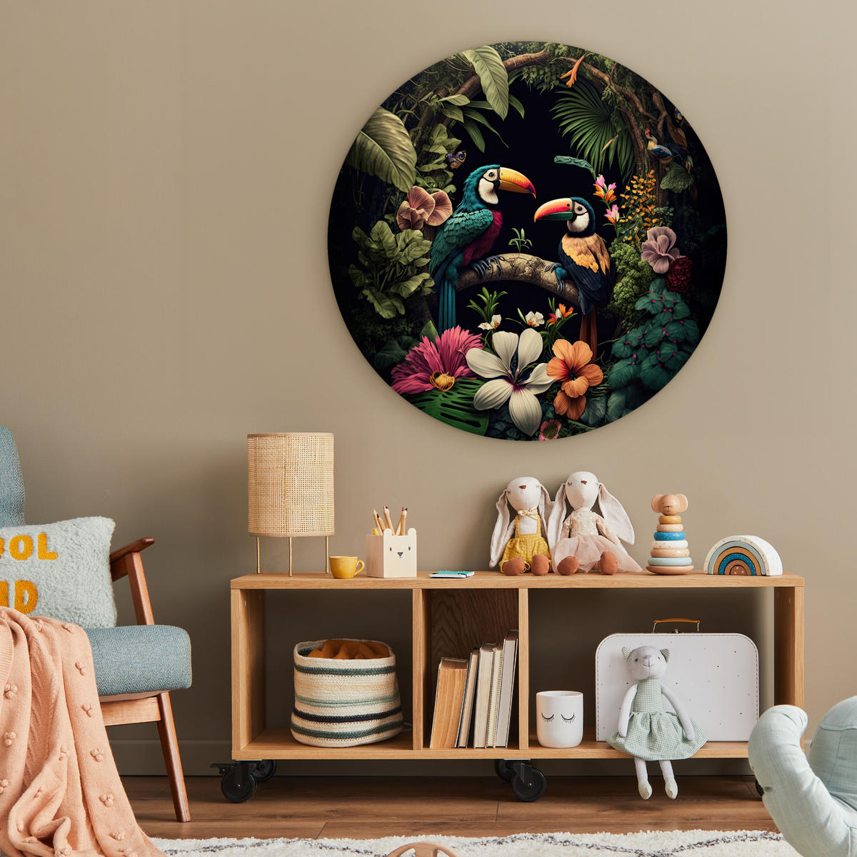 WANDBILD Vogel - Blumen - Pflanzen - Dschungel - Schwarz - Tukan 90x90 cm - Smaragdgrün, Kunststoff (90/90cm) - MuchoWow