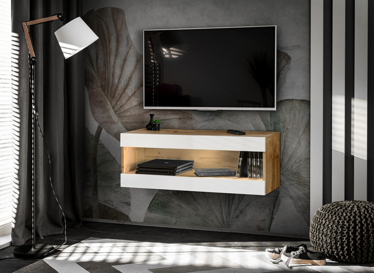 HÄNGEBOARD TV TIVOLI RTV2 Offener Raum Wotan + Weiß - Eiche Wotan/Weiß, Glas/Holzwerkstoff (100/36/35cm) - Komodee